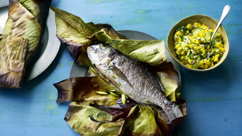 Whole fish cooked in a banana leaf with mango chutney