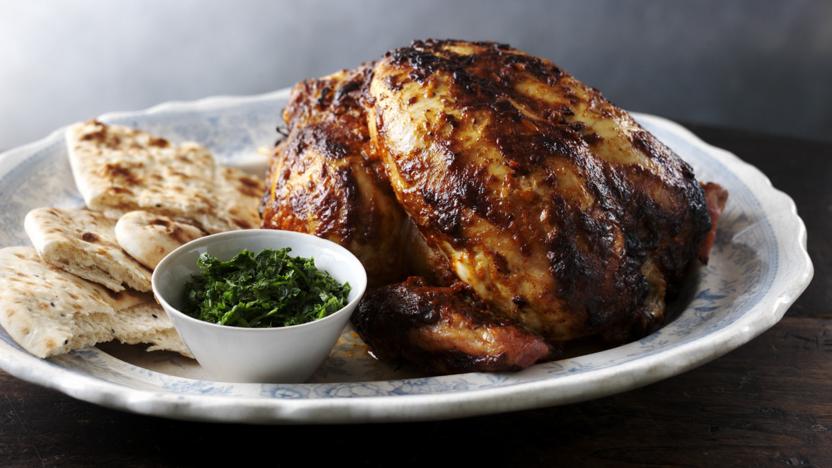 Whole tandoori chicken with coriander chutney