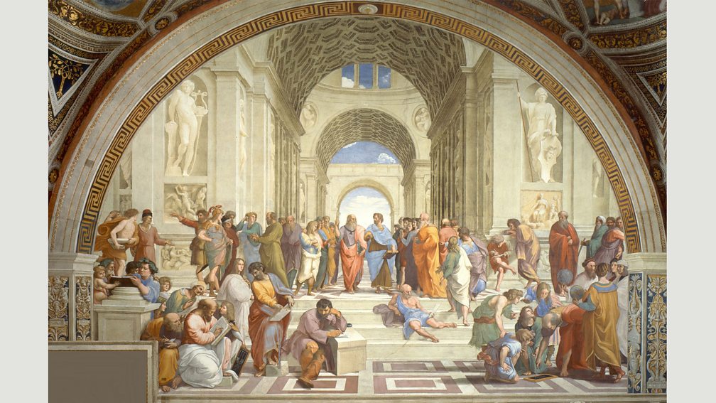 Wikimedia Raphael’s fresco The School of Athens depicts Leonardo da Vinci (in the role of Plato) and Michelangelo (playing Heraclitus) – both in purple (Credit: Wikimedia)