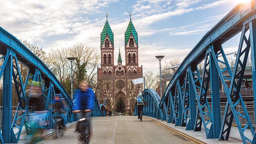 querbeet/Getty Images Freiburg's Wiwilíbrücke bridge is one of many city roads used by cyclists instead of cars (Credit: querbeet/Getty Images)