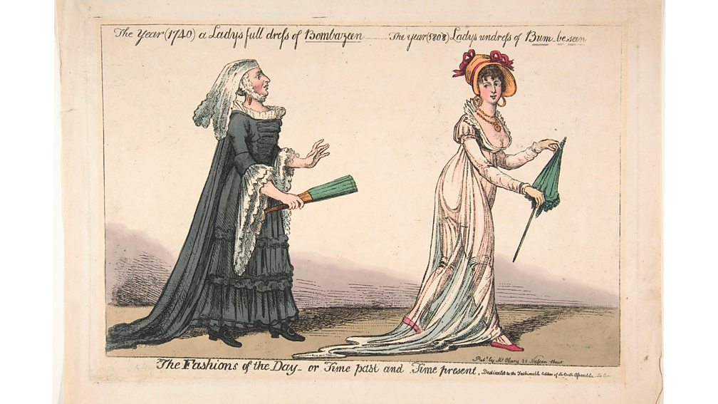 Alamy 19th century satirical printmakers enjoyed highlighting the perils of muslin dresses, such as the risk of appearing nude in strong sunlight, wind or rain (Credit: Alamy)