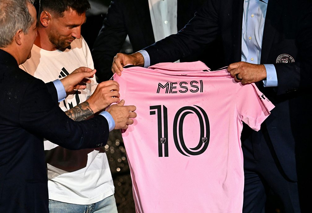 Chandan Khanna/AFP via Getty Images Argentine soccer star Lionel Messi is presented as the newest player for Major League Soccer's Inter Miami CF, at DRV PNK Stadium in Fort Lauderdale, Florida, on July 16, 2023