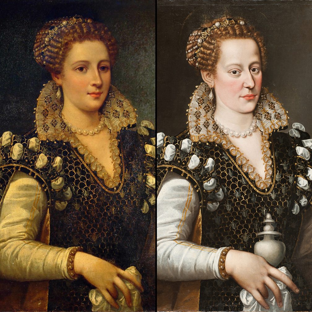 Carnegie Museum of Art Portrait of Isabella de' Medici (1574), attributed to Alessandro Allori – before (left) and after (right) restoration (Credit: Carnegie Museum of Art)
