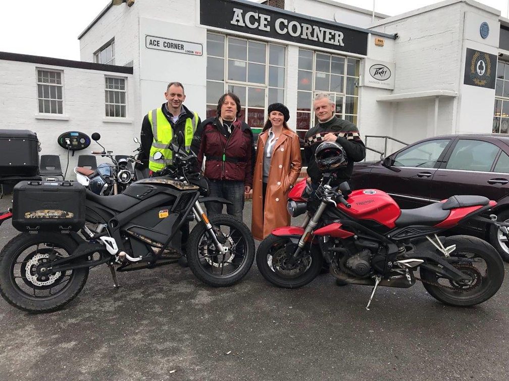 Suzi Perry with the BBC 5 Live interviewees at the Ace Cafe