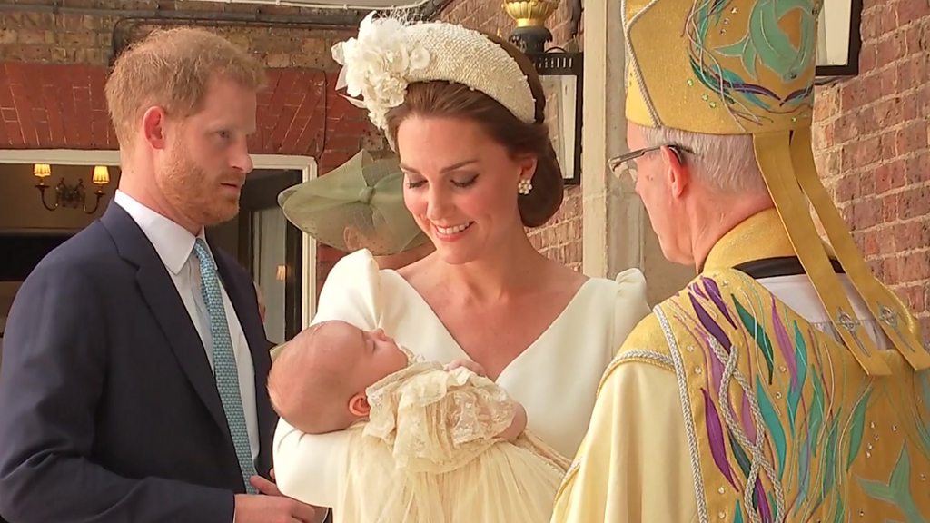 Prince Louis christening: George and Charlotte seen with brother for first time - BBC News