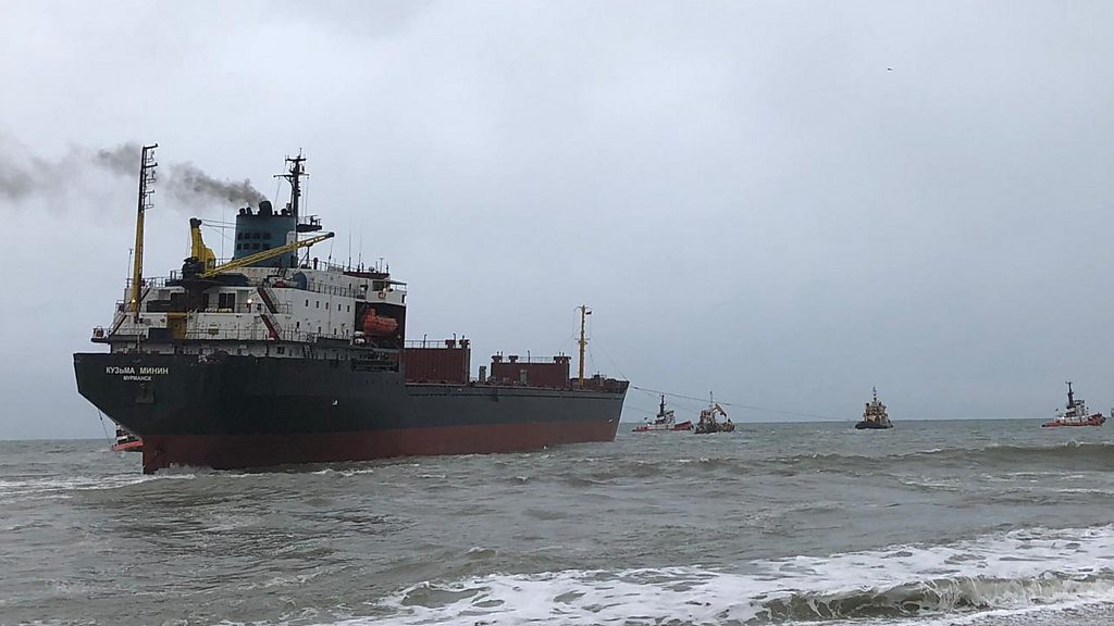 Russian cargo ship grounded off beach