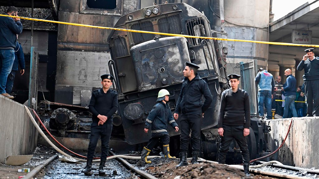 Firefighters put out a blaze at Ramses Station in Cairo, Egypt (27 February 2019)