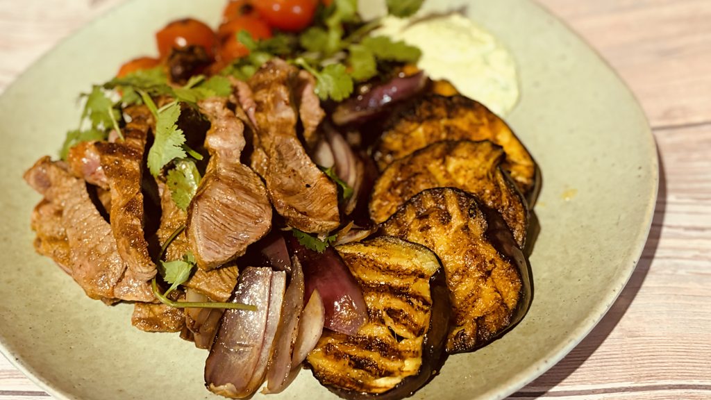 Cooking with Paula McIntyre Grilled Lamb Steak with Aubergine, Red