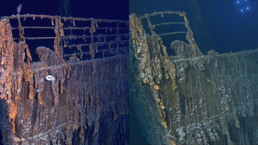 タイタニック号、海底で劣化進む 有名な「船首の手すり」が落下 - BBC