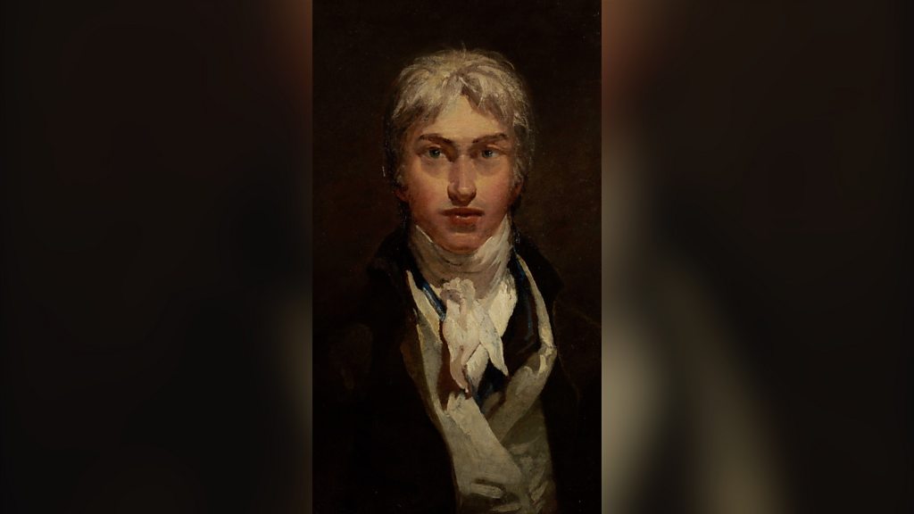 Dark oil painting portrait of J.M.W. Turner as a young man with tousled light brown hair, wearing a black coat with white cravat, looking directly at viewer with an intense gaze against a dark background