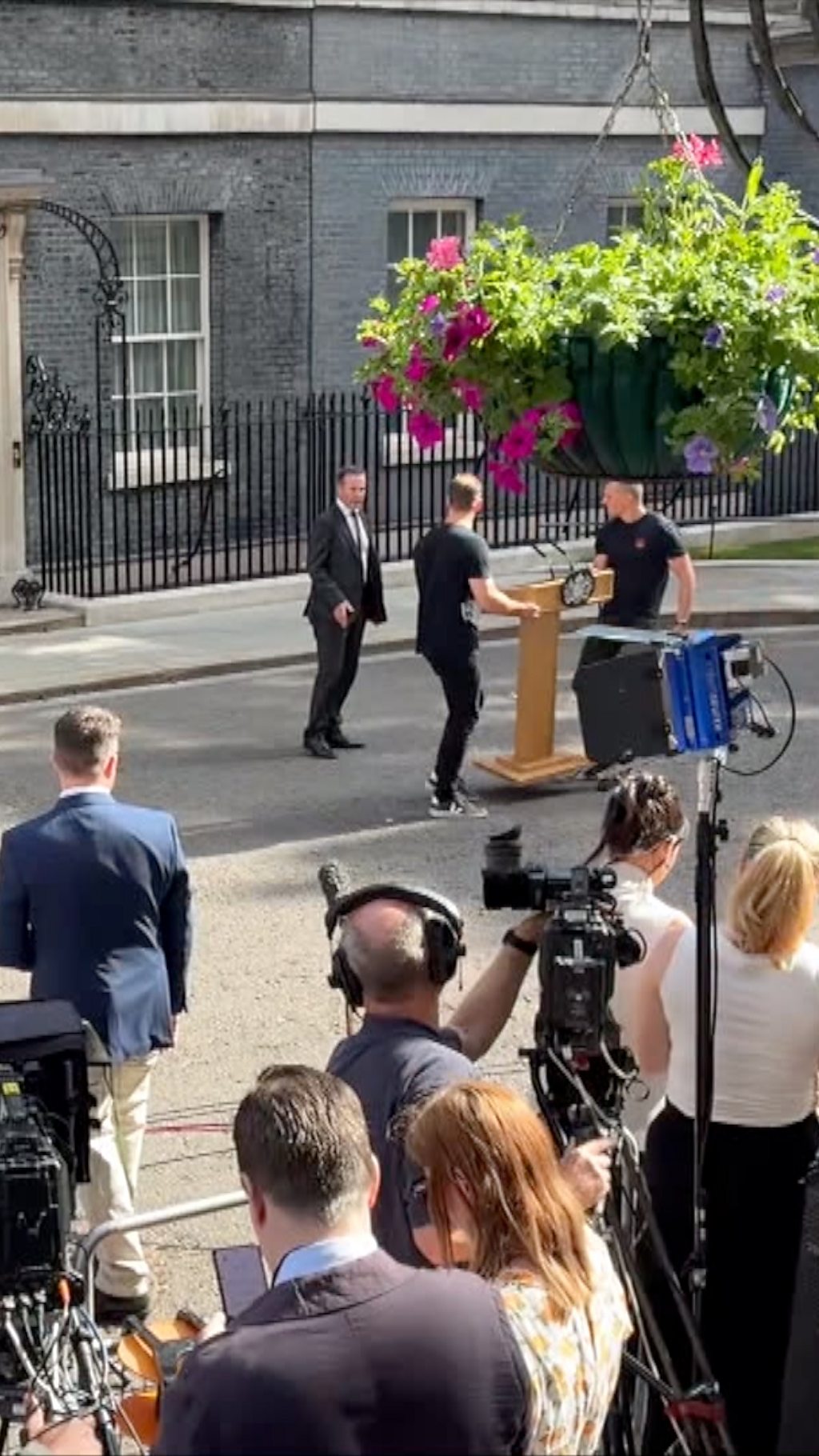 Podium and speakers placed on Downing Street