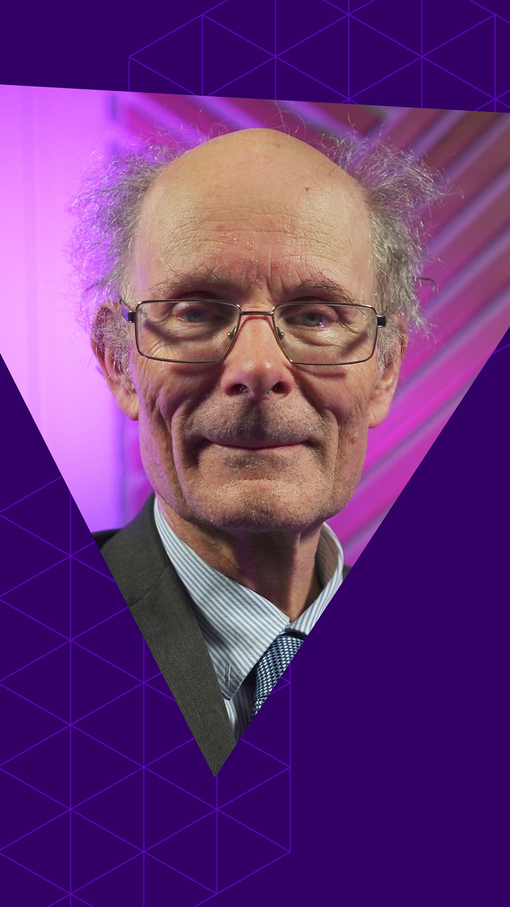 John Curtice looking into the lens with a purple background and a purple triangle graphic template in front