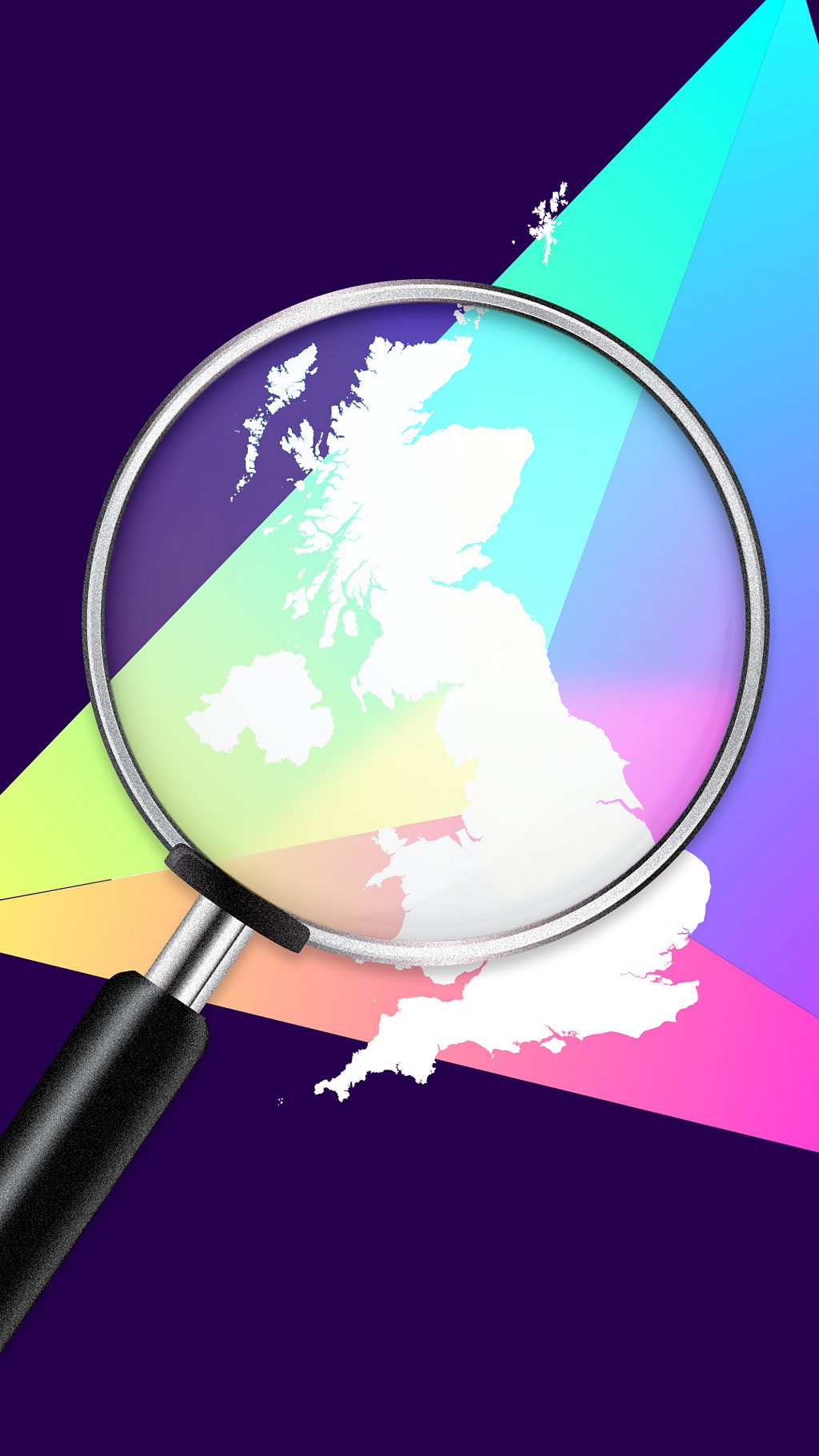A graphic showing a map of the UK with a purple background and a magnifying glass on top