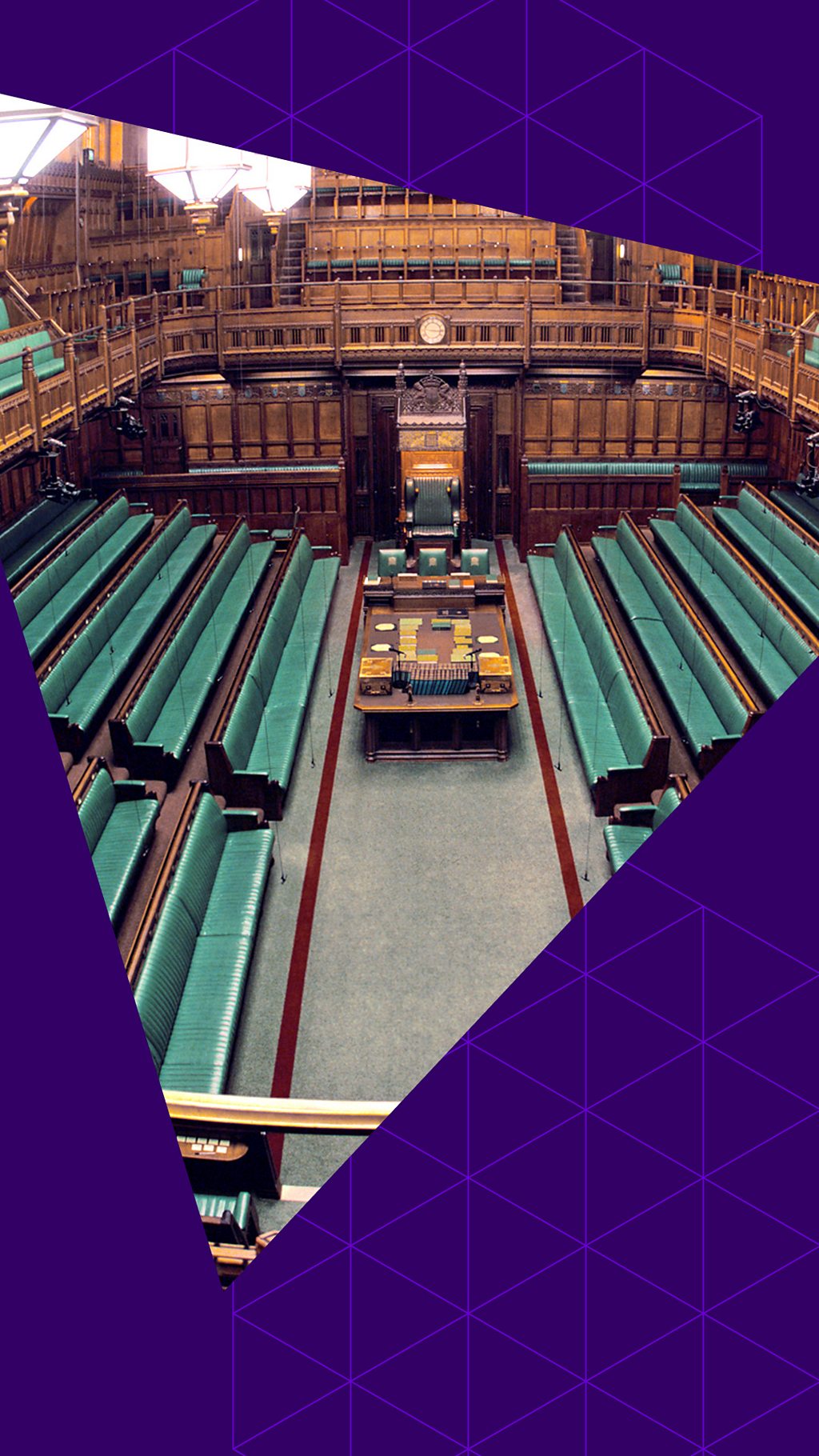 The interior of the House of Commons green benches with a purple triangle graphic on top