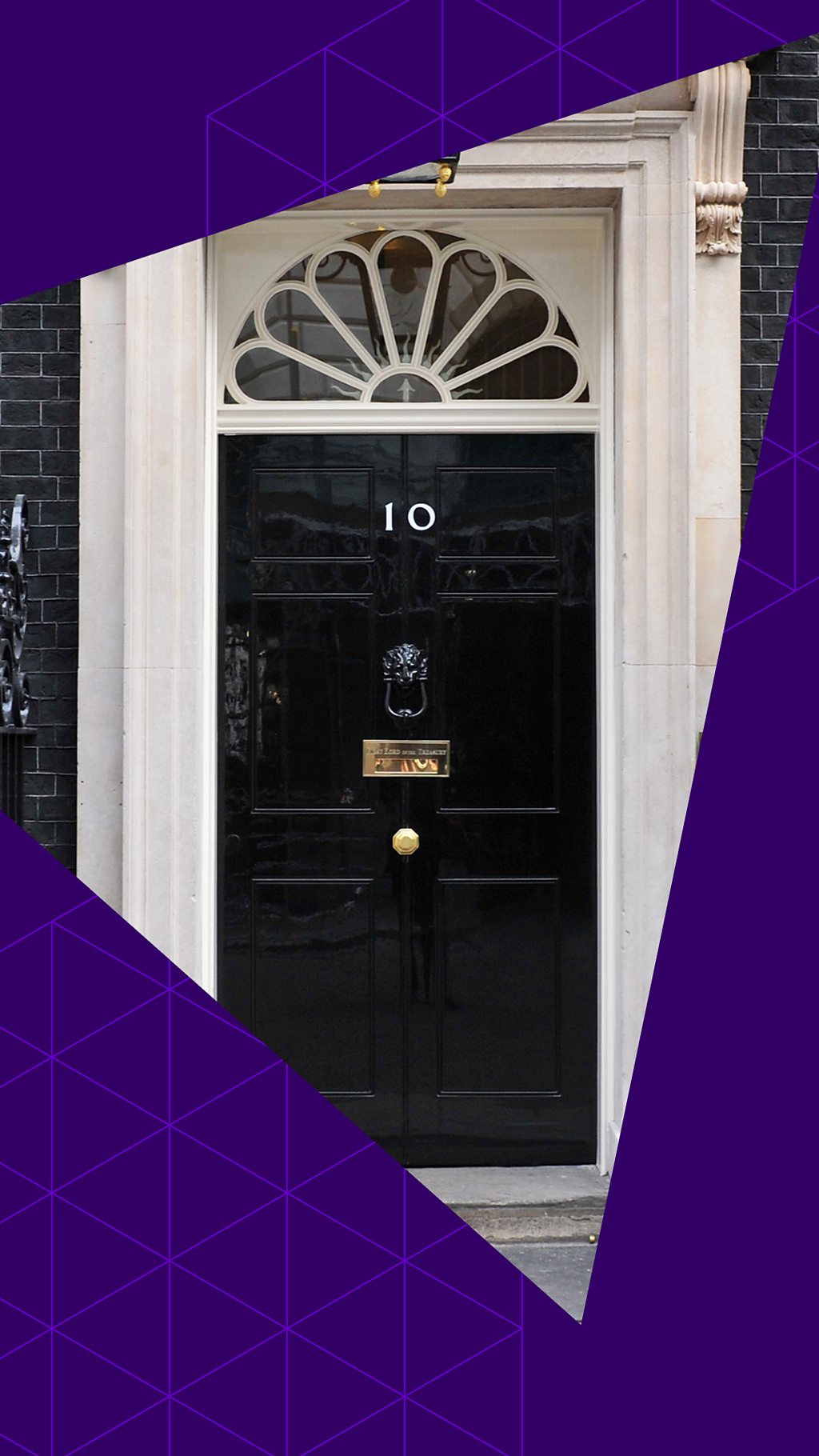 The 10 Downing Street door with a purple triangle graphic on top