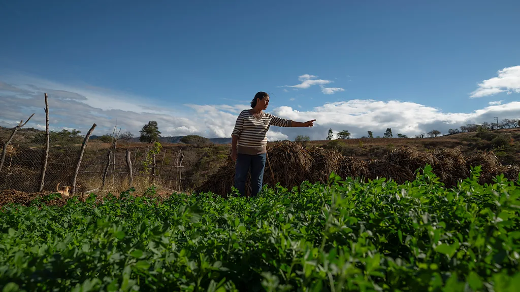Agustina Ortiz, stands beside her 20,000-liter ferrocement tank at her home in the community of Xixovo, Oaxaca, on 5 December 2023 (Credit: Stephania Corpi Arnaud)