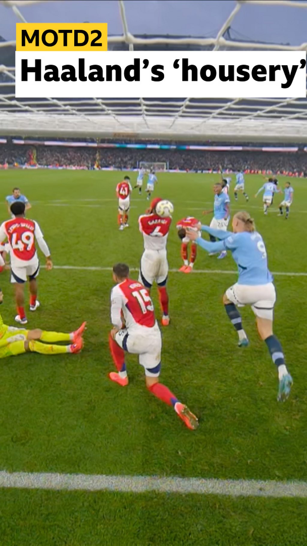 Erling Haaland throwing the ball at Gabriel