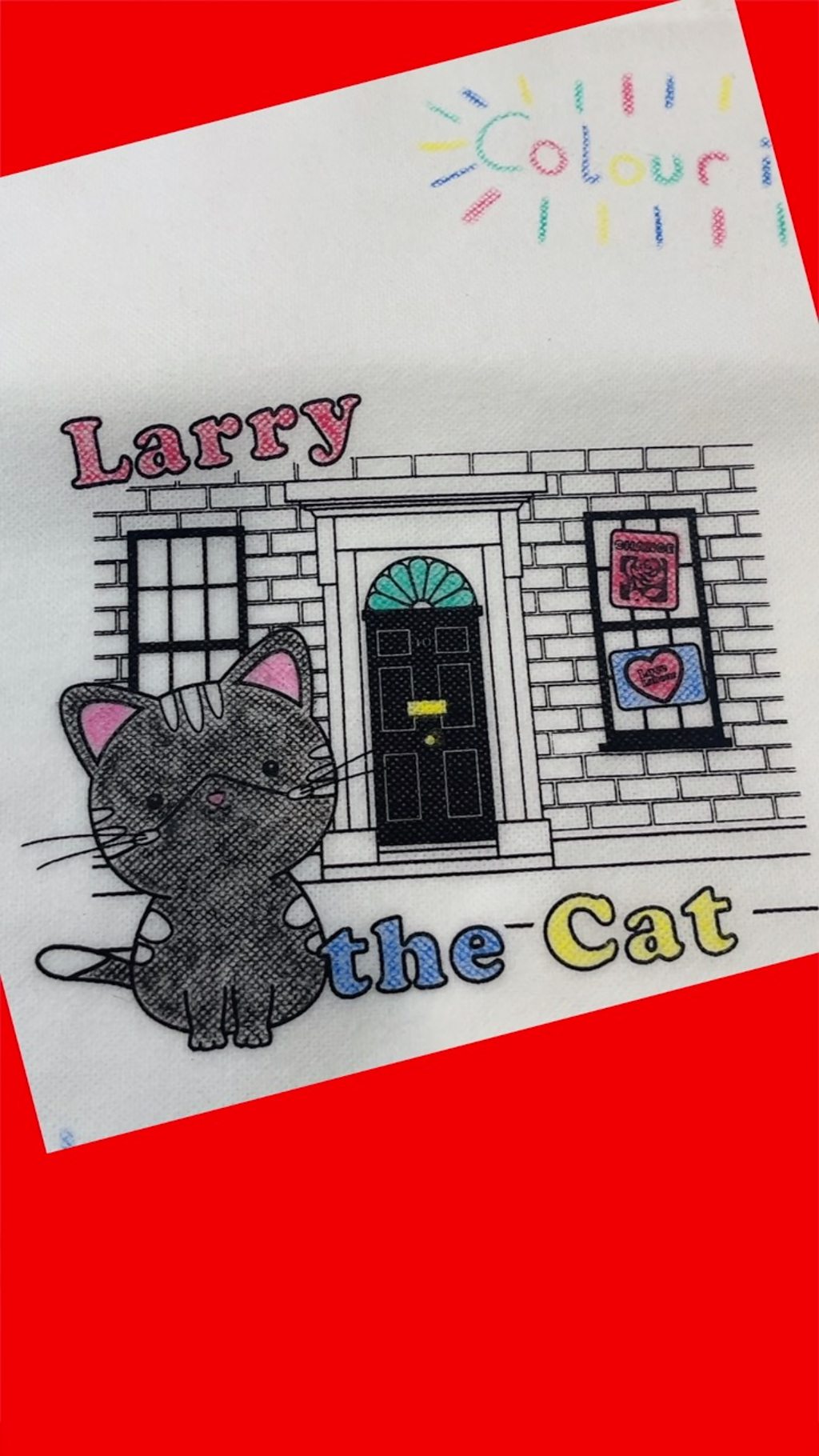 A colouring of Larry the cat outside number 10 Downing Street