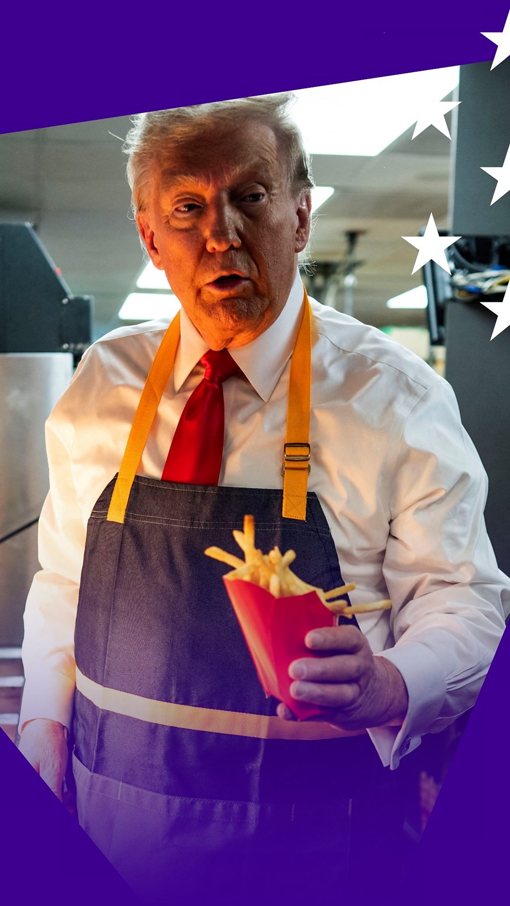 Donald Trump wearing an apron, holding some french fries