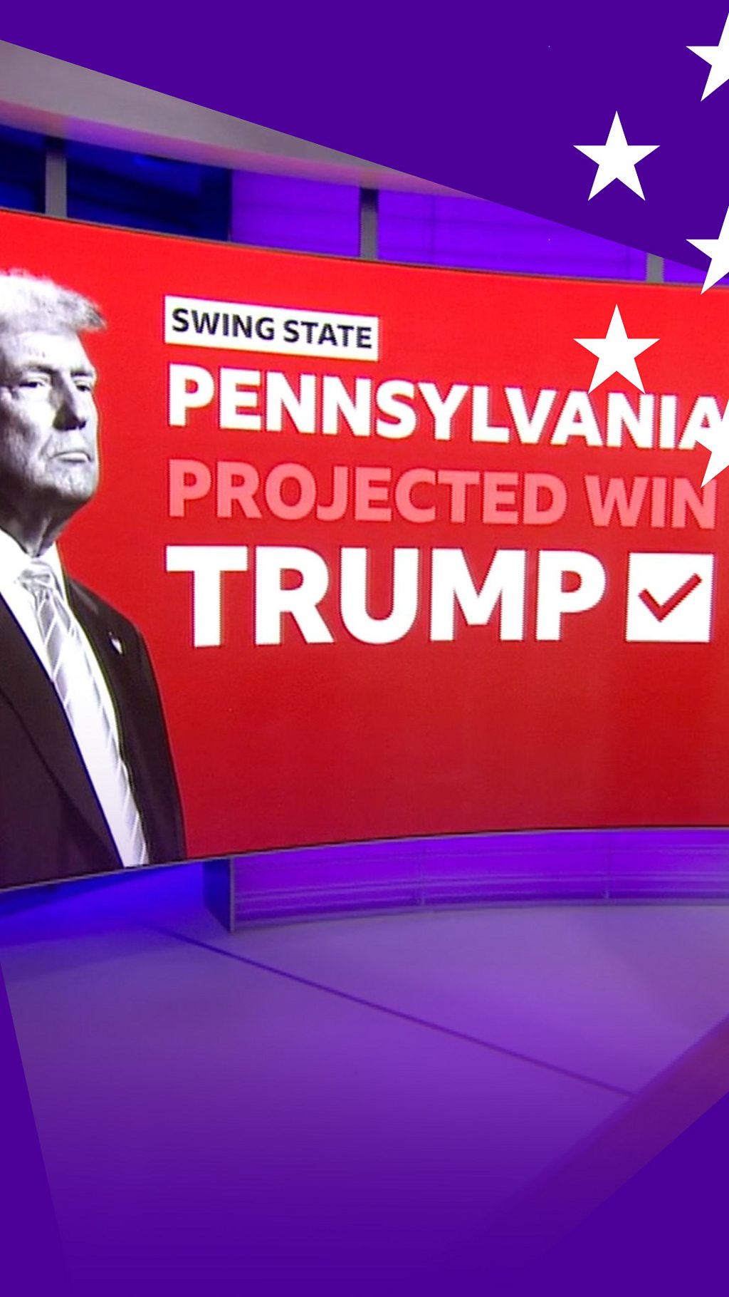 Trump and 'Pennsylvania projected win Trump' on studio screen