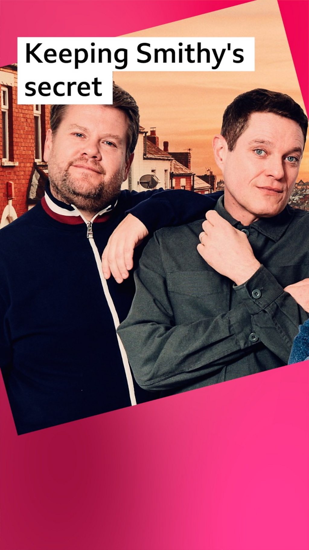 Two men, Smithy and Gavin, stand next to each other. Smithy's arm is on Gavin's shoulder. Text reads 'Keeping Smithy's secret'