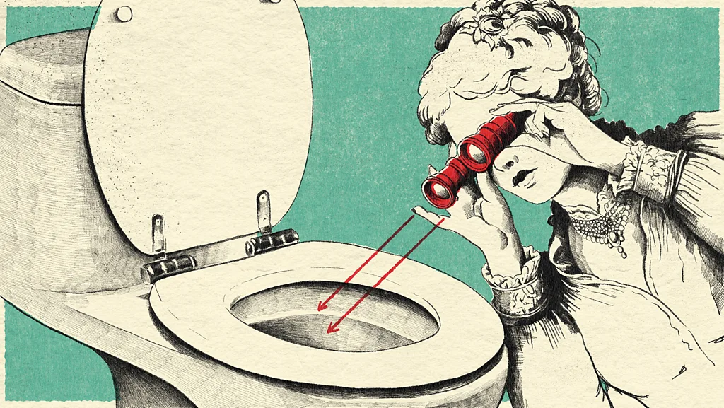 An illustration of a woman somone looking inside a toilet bowl with binoculars
