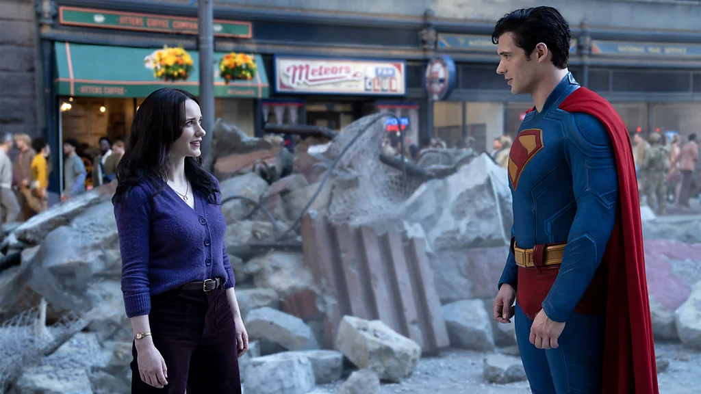 Photo of David Corenswet as Superman Rachel Brosnahan in Superman (credit: Warner Bros.)