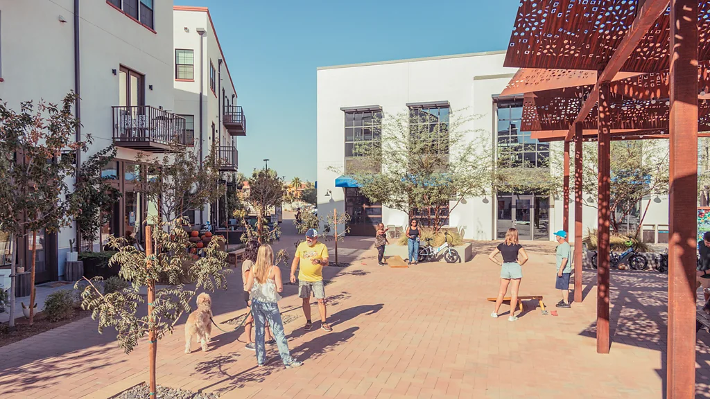 In Culdesac, plazas and walkways replace roads, creating public spaces designed entirely for people (Credit: Courtesy of Culdesac)