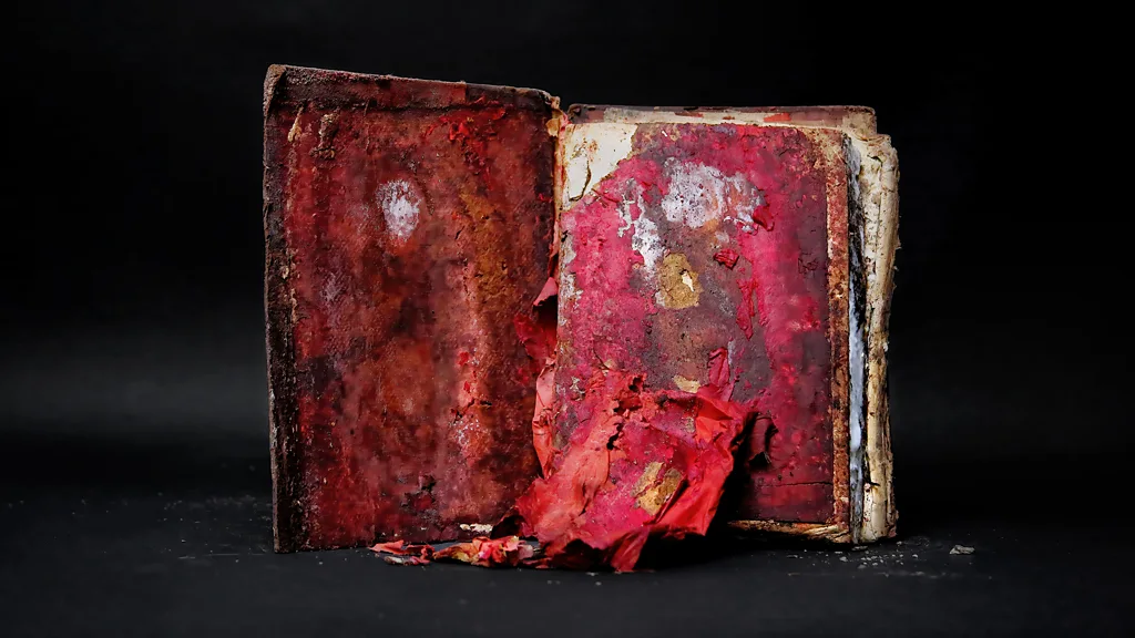 An open water-damaged book against a black background (Credit: Patrizia Zelano and Zamagni Arte, Rimini)