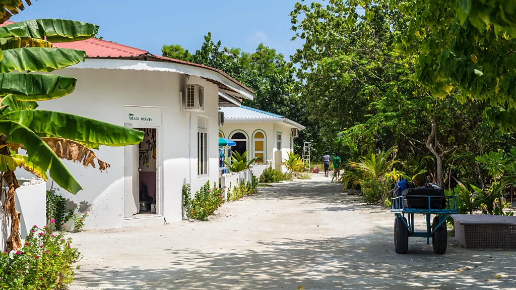 Two boys jumping into swimming pool in the Maldives with ocean behind (Credit: Carmen Roberts)