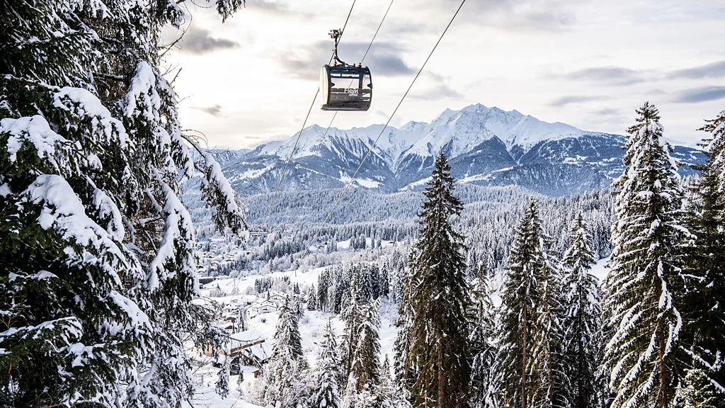 FlemXpress gondola over snowy Alpine landscape at Laax resort, Switzerland (Credit: Laax)