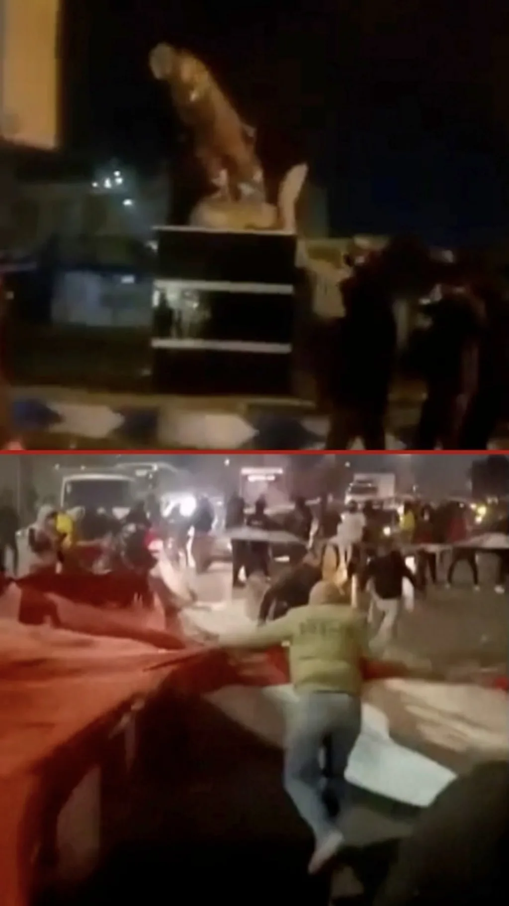 ඉරාන ජාතික ධජය ඉරා ප්‍රතිමාවක් පෙරළා දමයි