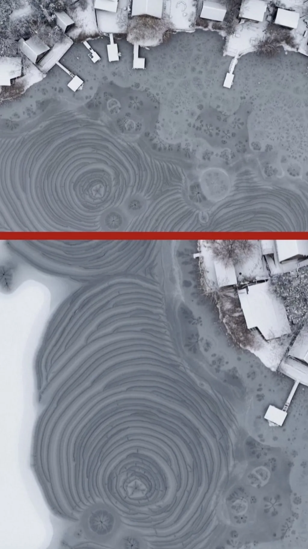 අධික හිම පතනය සමග මිදුණු විලක දක්නට ලැබෙනු විශ්මයජනක රටා