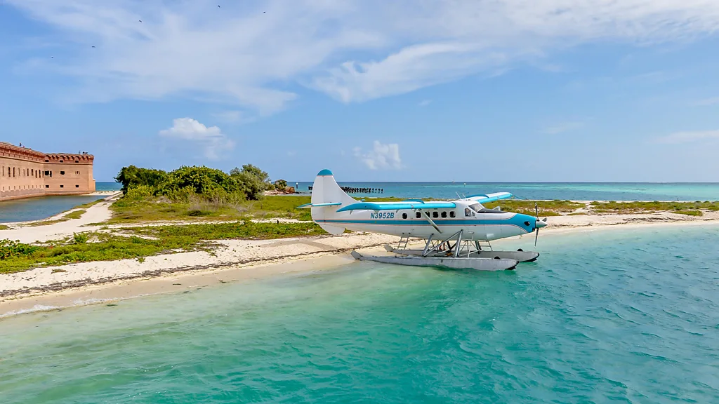A seaplane parked on the beach at Dry Tortugas National Park, Florida (Credit: Alamy)