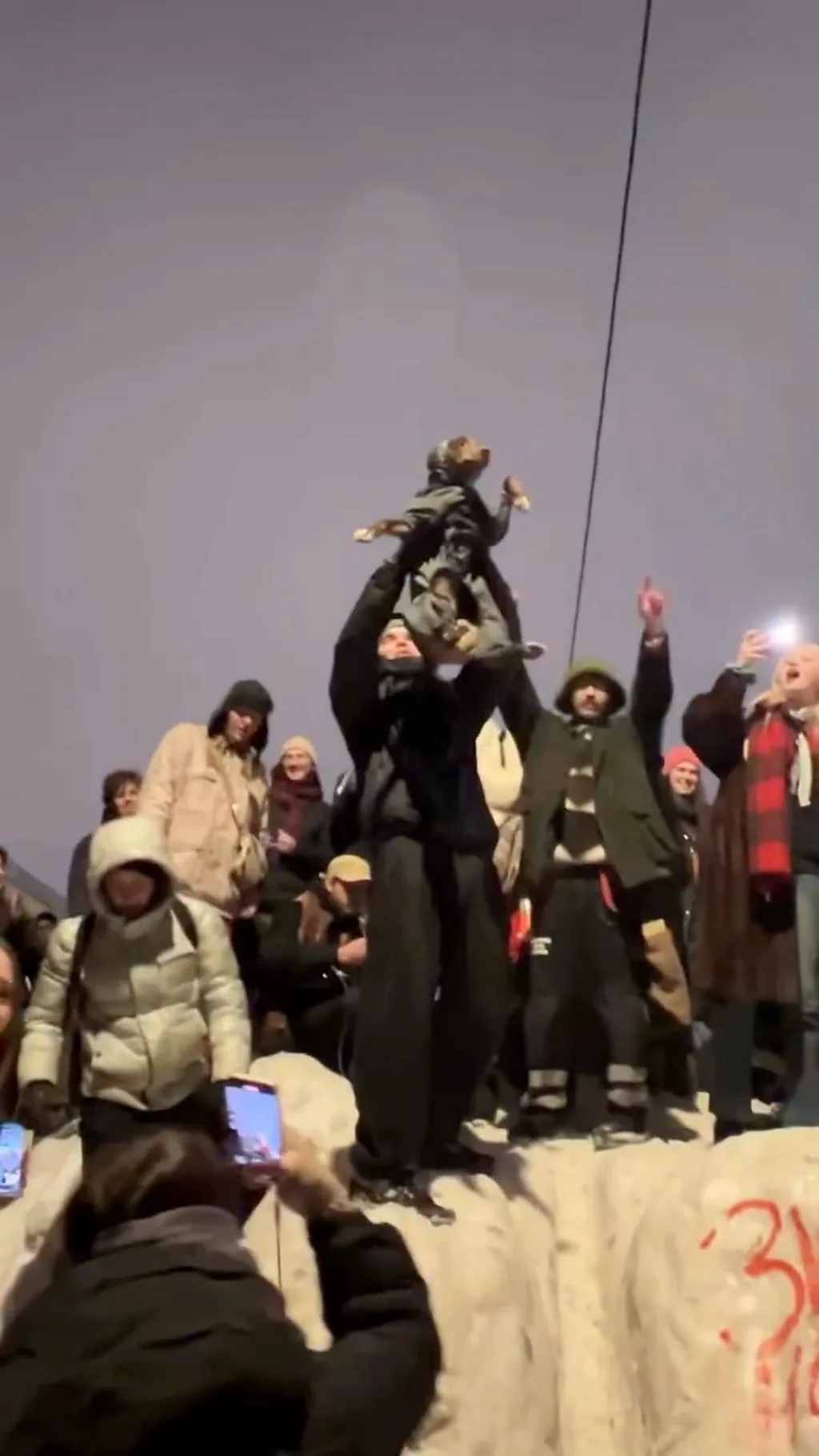 мужчина, стоя на большом сугробе держит собаку на руках