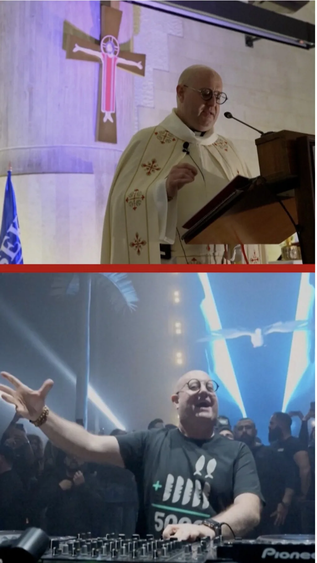 දිව්‍ය පූජාව පවත්වන, DJ වේදිකාව උණුසුම් කරන කතෝලික පූජකවරයා