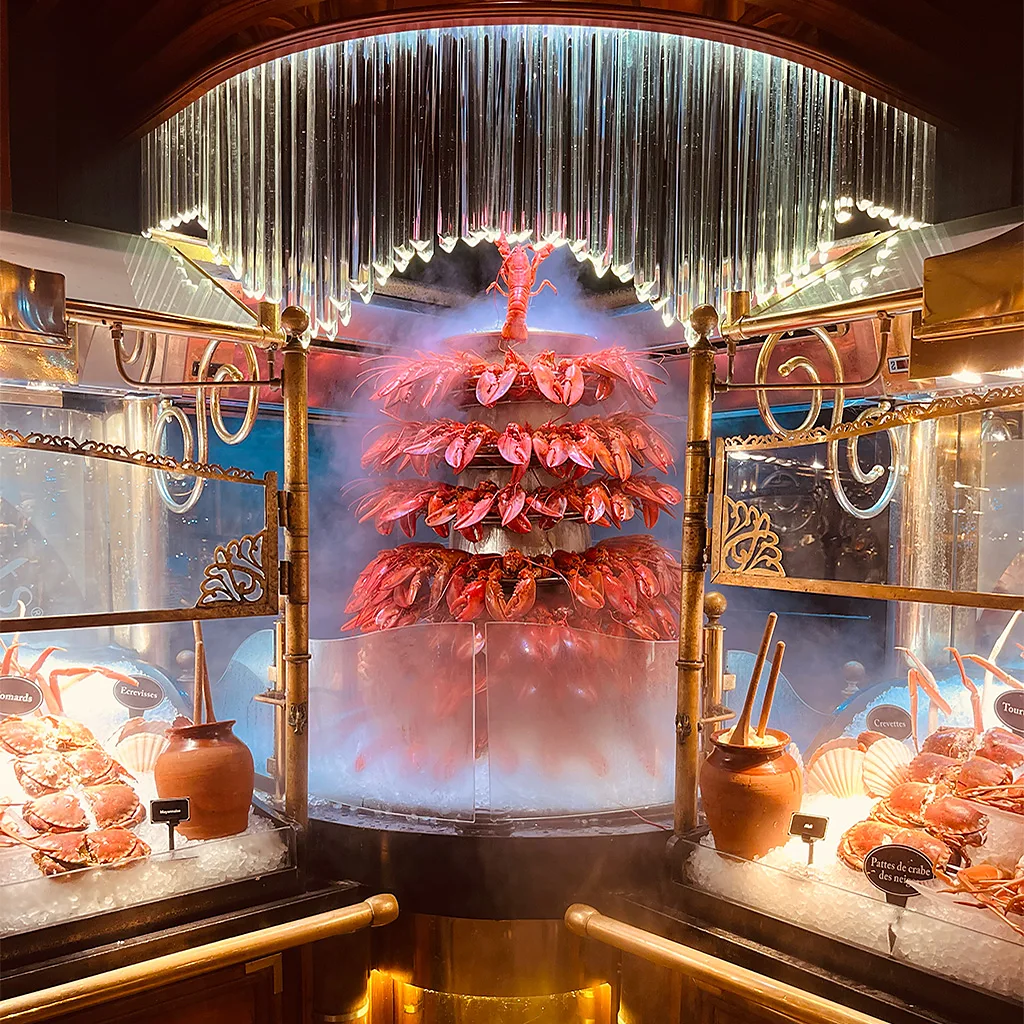 The seven-tiered lobster fountain is one of the signature displays at Les Grands Buffets in Narbonne (Credit: Chrissie McClatchie)