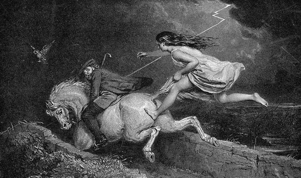 Tam is chased by a young witch, Nannie, and narrowly escapes over the Brig o'Doon (Credit: Getty Images)