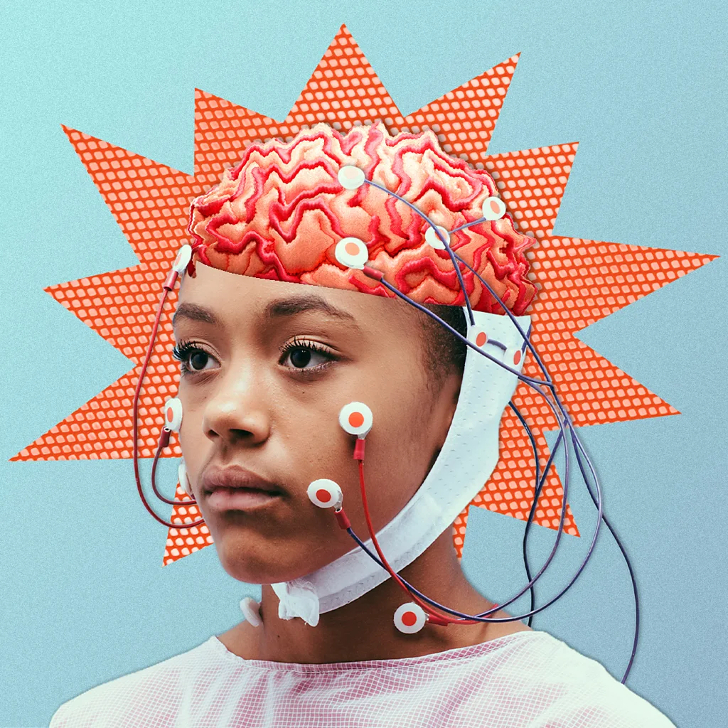 An illustration of a woman wearing a head-scanning kit with wires, with a superimposed brain showing (Credit: Serenity Strull/ BBC)