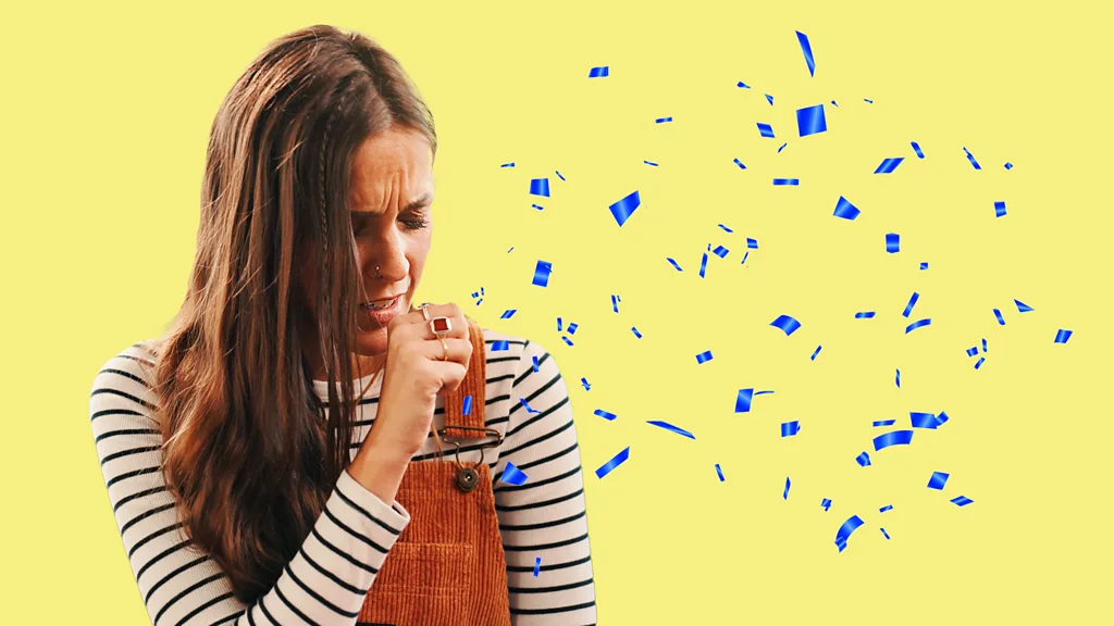 Artwork of woman coughing with blue particulates flying around against a yellow background (Credit: Yun Sun Park/ BBC)