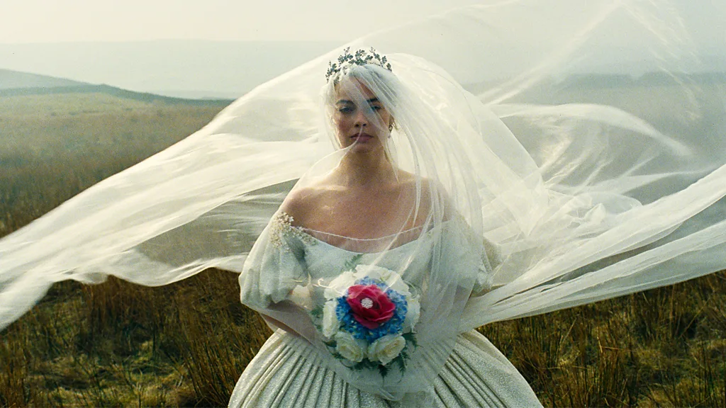 Margot Robbie in a wedding dress as Catherine in 