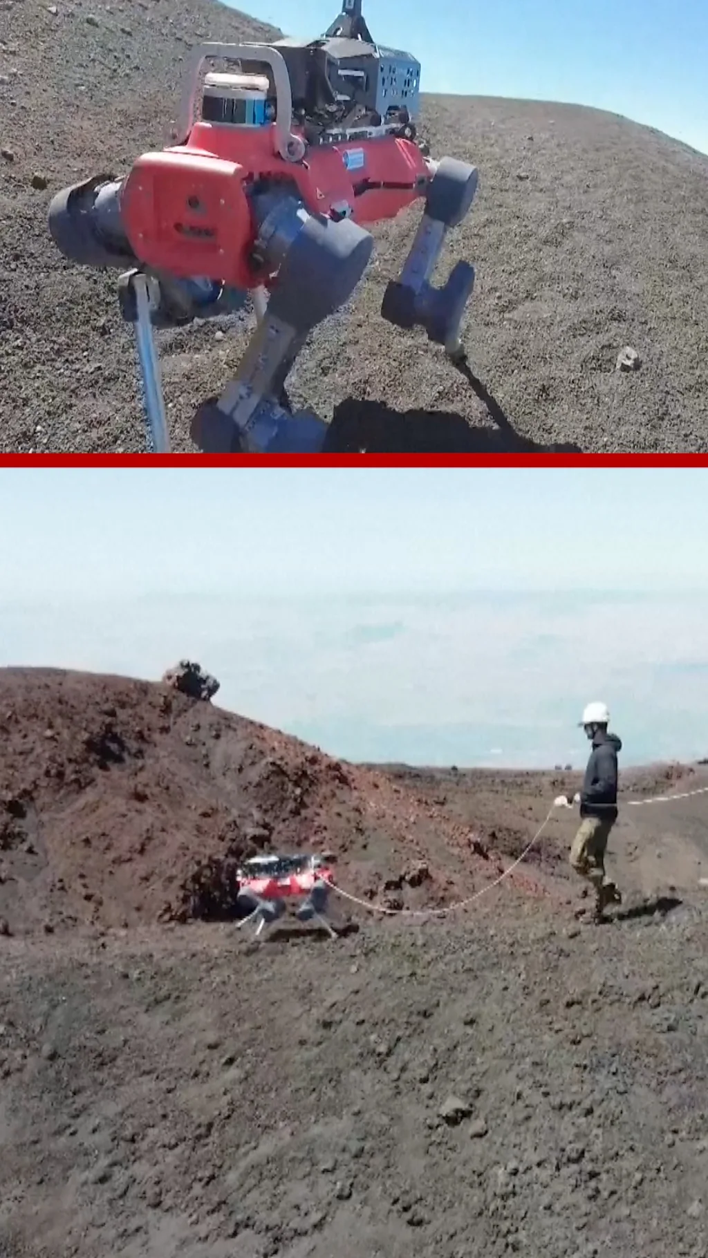 robotički pas hoda blizu vulkana