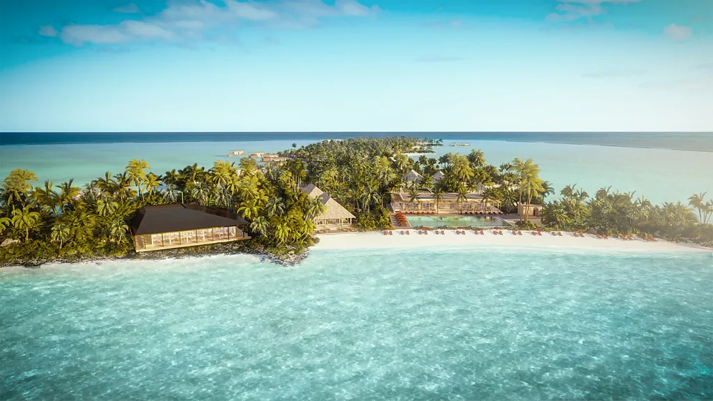 View of Bvlgari Resort Ranfushi surrounded by the sea and palm trees (Credit: Bvlgari Resort Ranfushi)