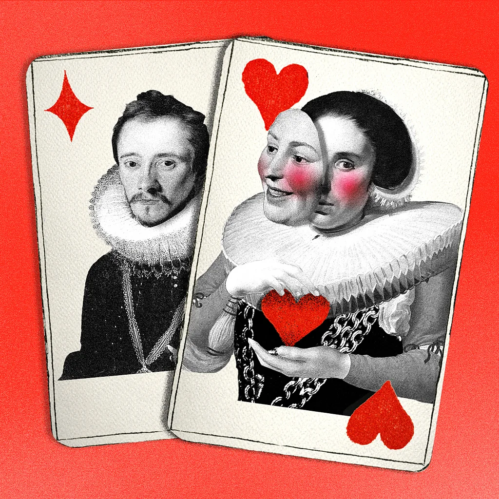 Against a bright red background sit two playing cards, one is a man on a diamond and a woman is on a heart. The woman has a mask in front of her face, as if she has two personalities (Credit: Serenity Strull/ BBC)
