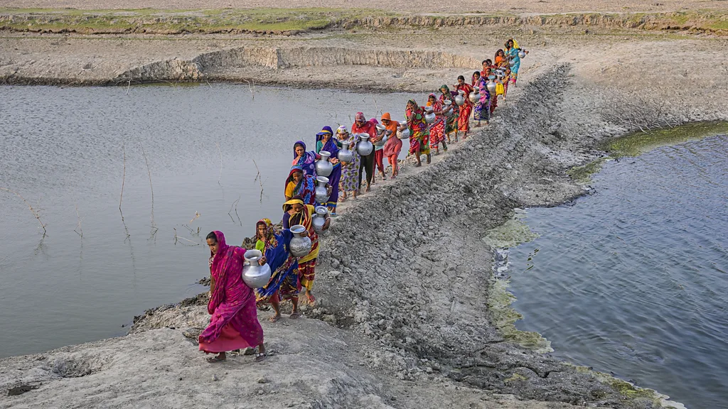 Two women from The Gambia, Nurse Senneh and Binta Ceesay, in colourful printed dresses and hair covering sit together surrounded by the yellow straw of a rice field with trees seen in the background (Credit: Lena Nian)