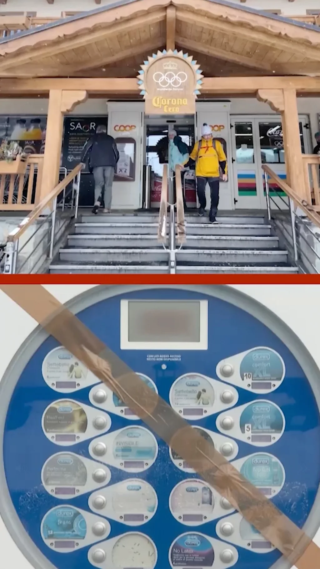 kucica drvena u olimpijskom selu gore, automat za kondome dole