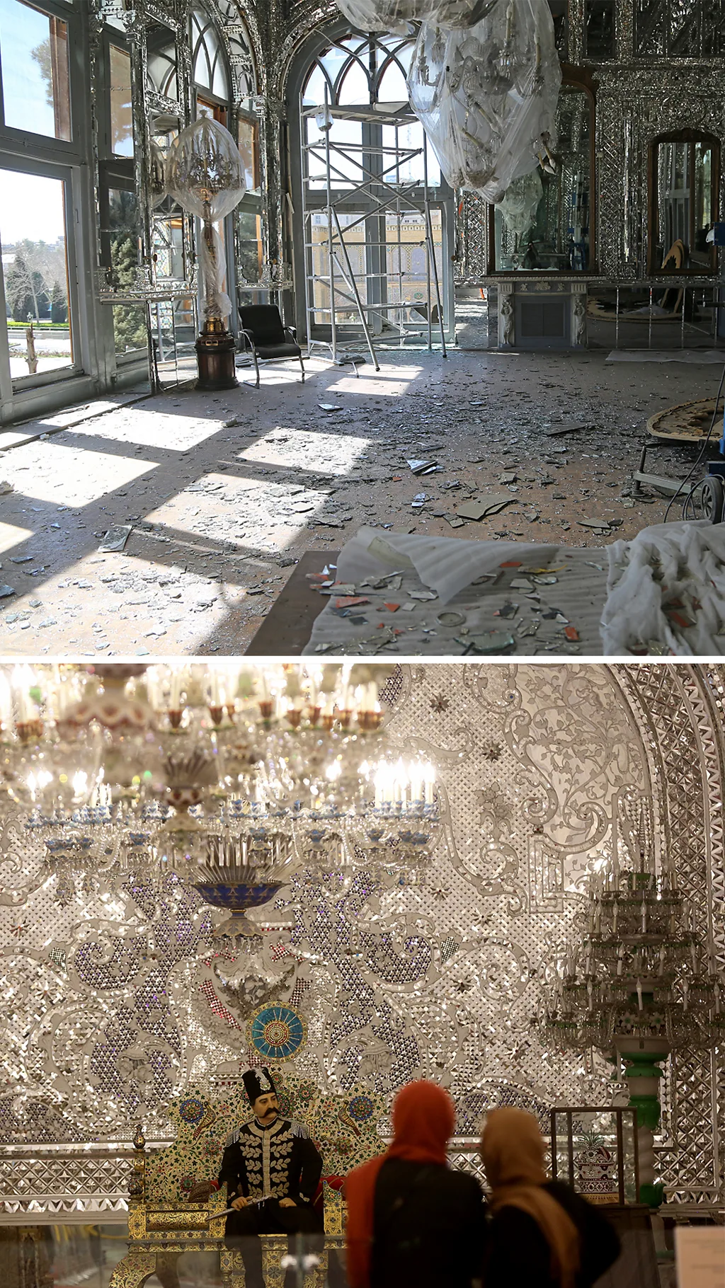 Фото интерьеров дворца Голестан до и после авиаударов США и Израиля.