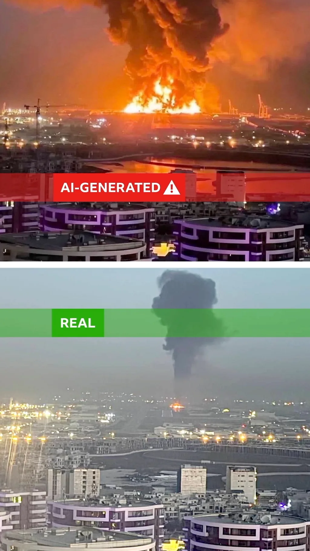 pravi i lazni snimci eksplozija nad gradom u daljini