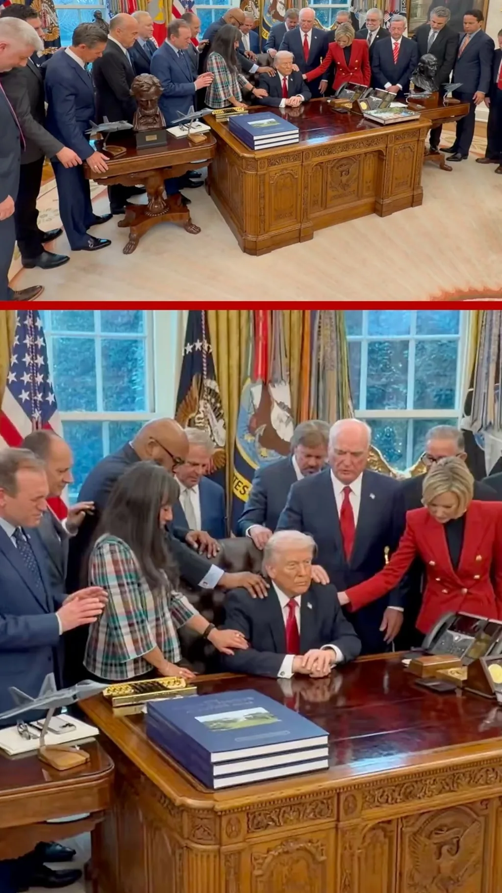 Десятки человек кладут руки на плечи Трампу