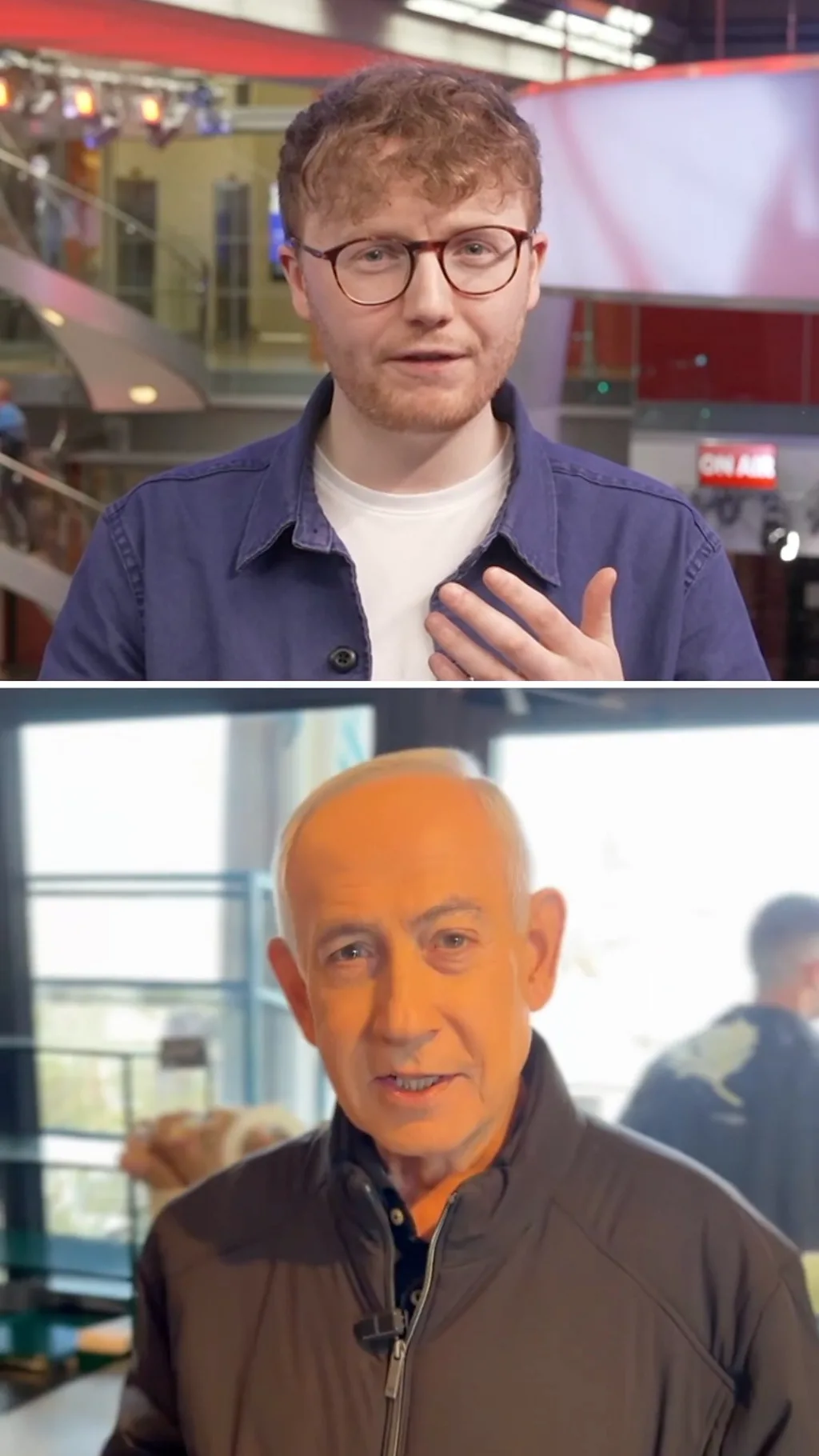 bbc novinar gore, benjamin netanjahu na slici dole